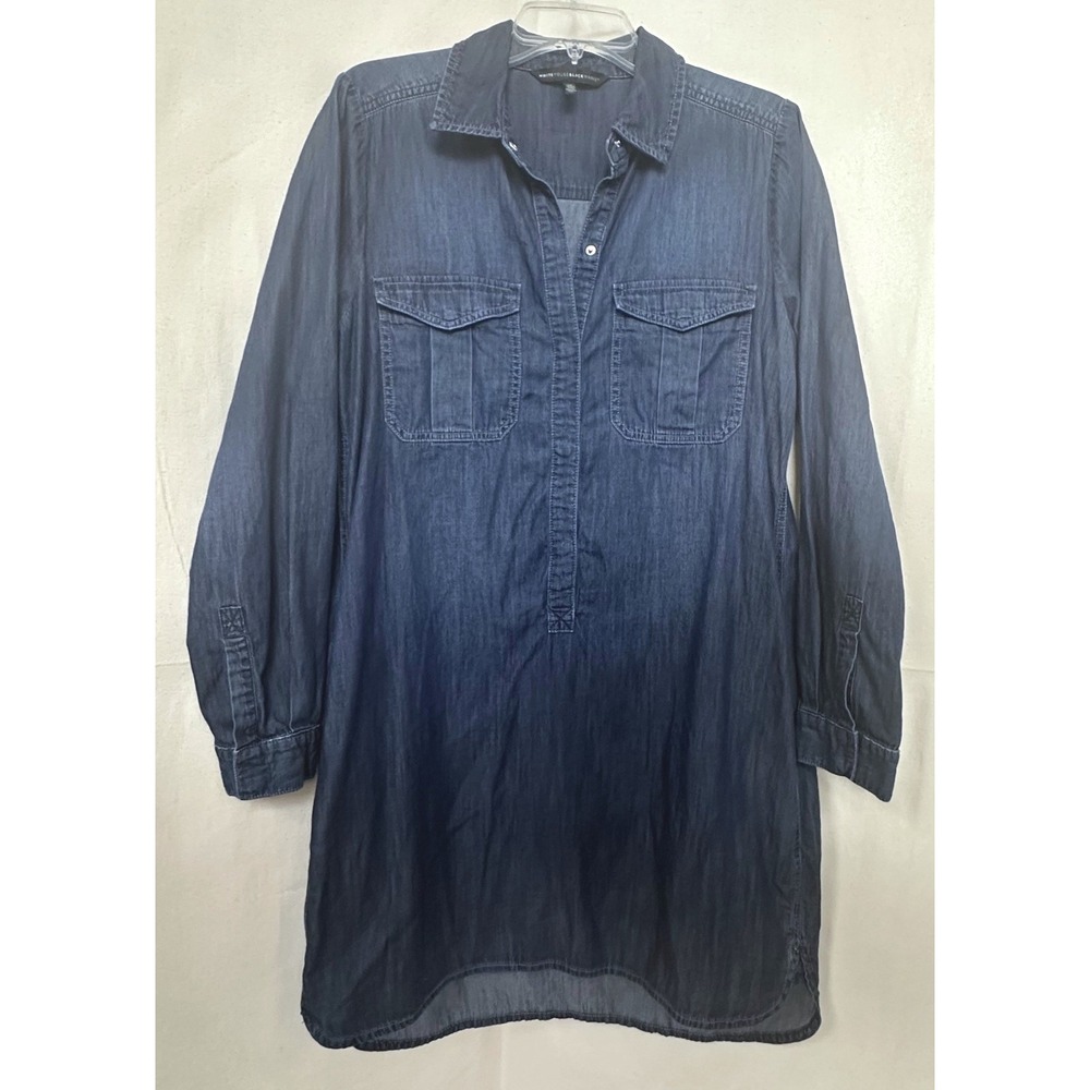 WHBM Utility Denim Shirt Dress Dark Wash High-Low Sz. 12 Snap Lagenlook Granola